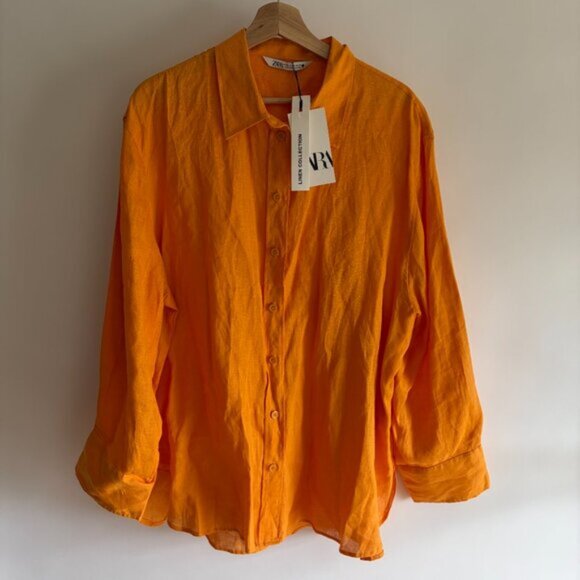 ZARA Linen Orange Button Down Collared Shirt - Picture 4 of 9